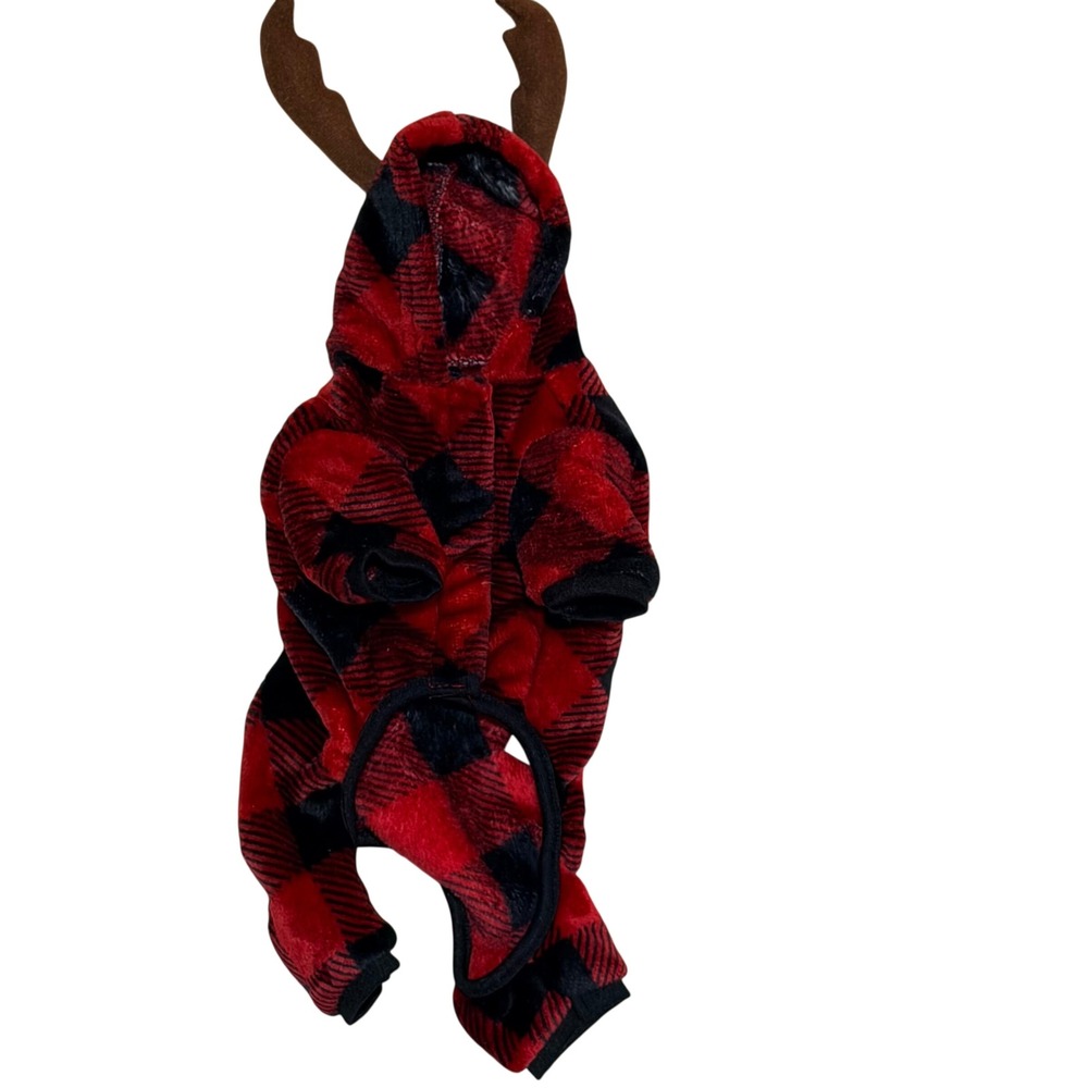 LuvGear Reindeer Dog Pajamas Small Red Buffalo Plaid Fleece Pet Holiday Costume